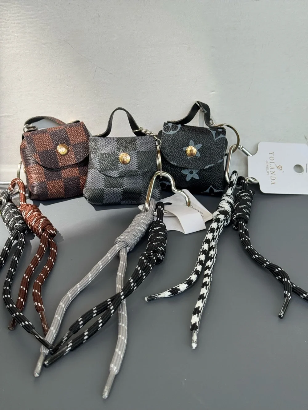 Mini Monogram Print Black Faux Leather Micro Mini Bag Keychain Bag Charm